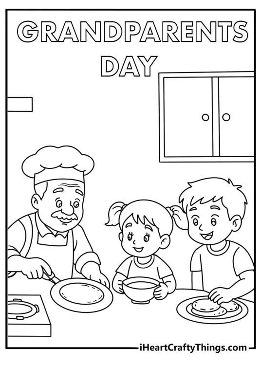 A simple coloring sheet shows grandparents making breakfast with two children