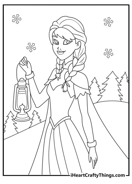 Anna hiking a snowy trail with a lantern brave coloring page printable