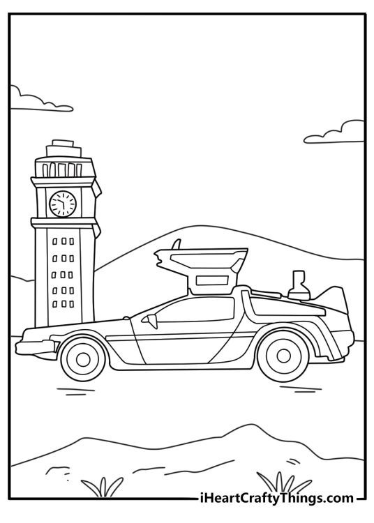 Back to the Future time car by hill valley clock tower printable coloring sheet