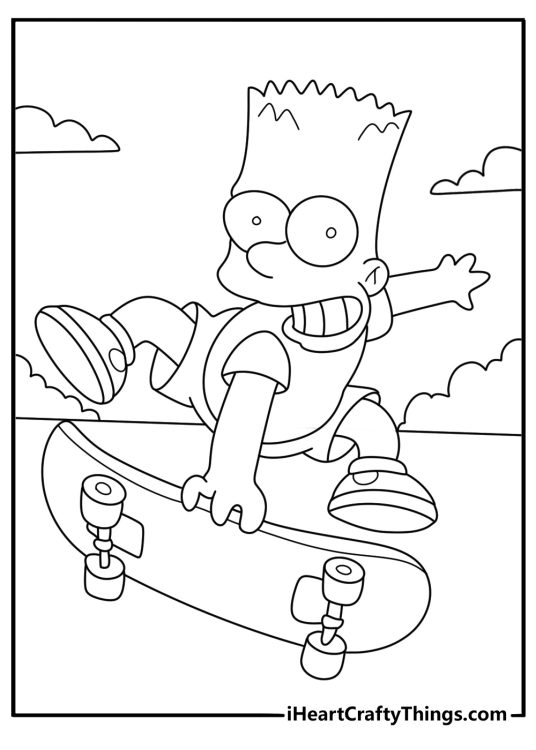 Bart Simpson riding a skateboard on a sidewalk action coloring page for kids