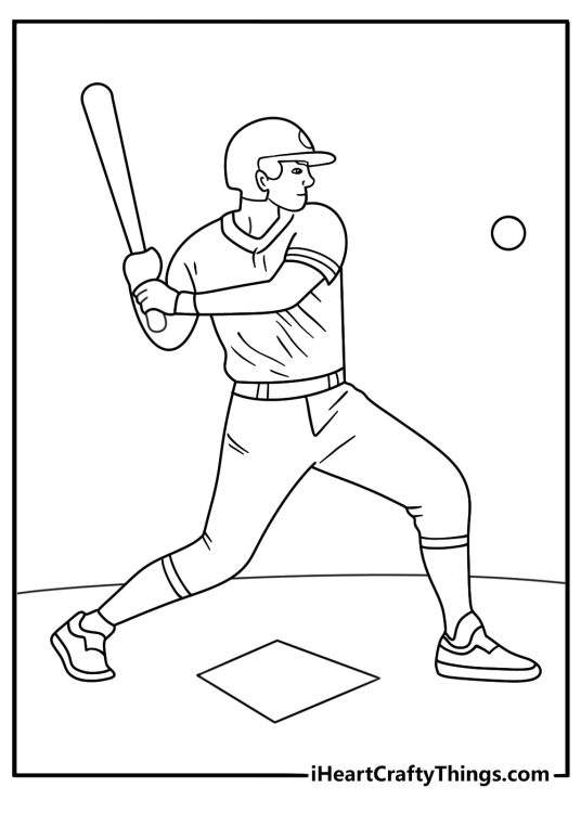 Baseball batter with helmet and wooden bat at home plate simple coloring printable