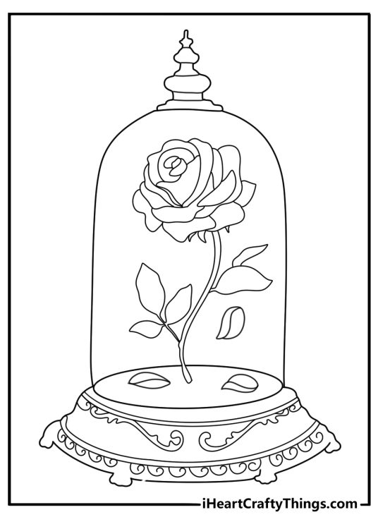 Beauty and the Beast enchanted rose under glass detailed coloring page