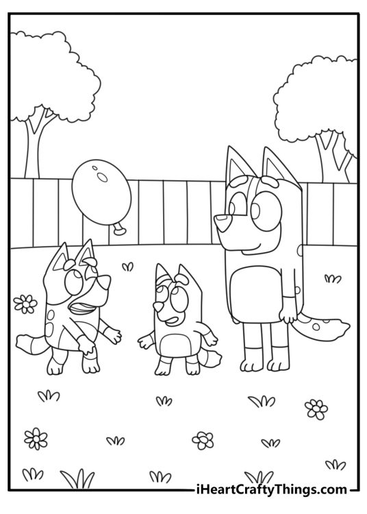 Bluey playing keepy uppy with a balloon in the backyard fun coloring sheet for kids