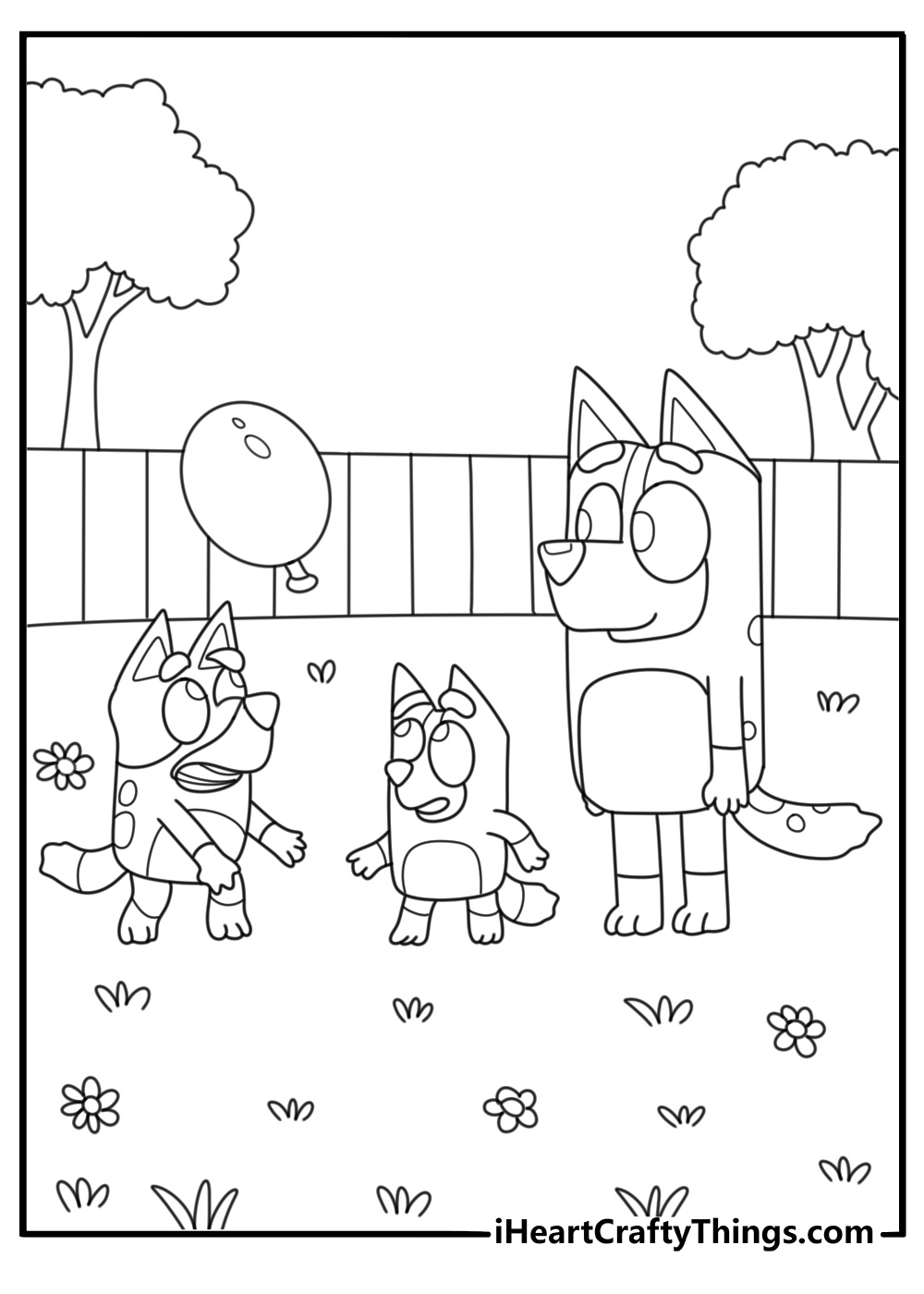 Bluey playing keepy uppy with a balloon in the backyard fun coloring sheet for kids