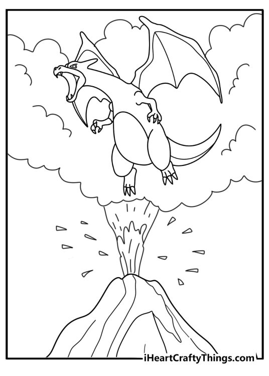 Charizard flying above a smoking volcano fantasy coloring sheet for adults