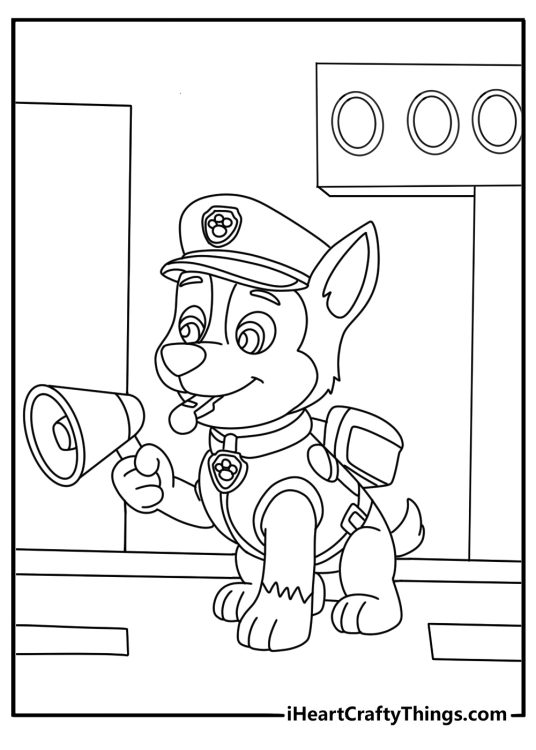 Chase from Paw Patrol directing traffic with cone and whistle rescue coloring page