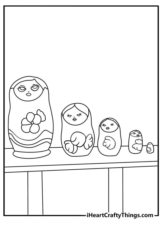Cute toy coloring page with a nesting doll set on a shelf