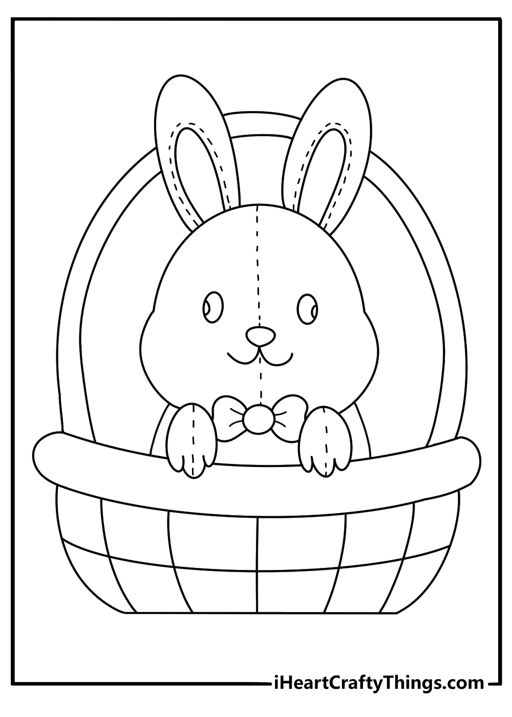 Cute toy coloring page with a plush bunny sitting in a basket