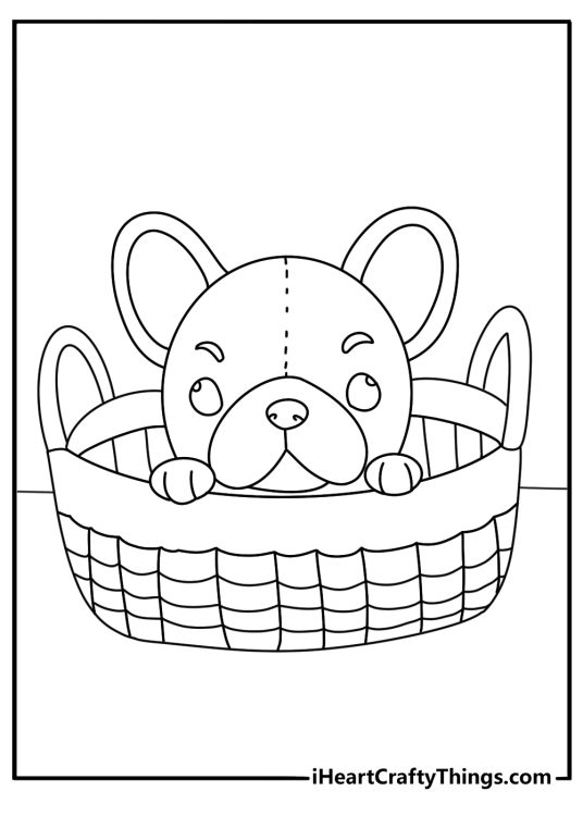 Cute toy coloring page with a plush puppy inside a toy basket