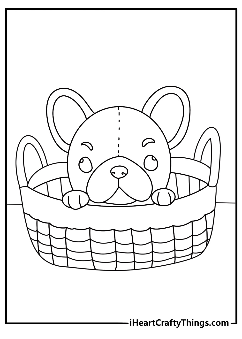 Cute toy coloring page with a plush puppy inside a toy basket