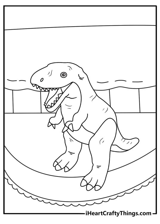 Cute toy coloring page with a stuffed dinosaur on a bedroom rug