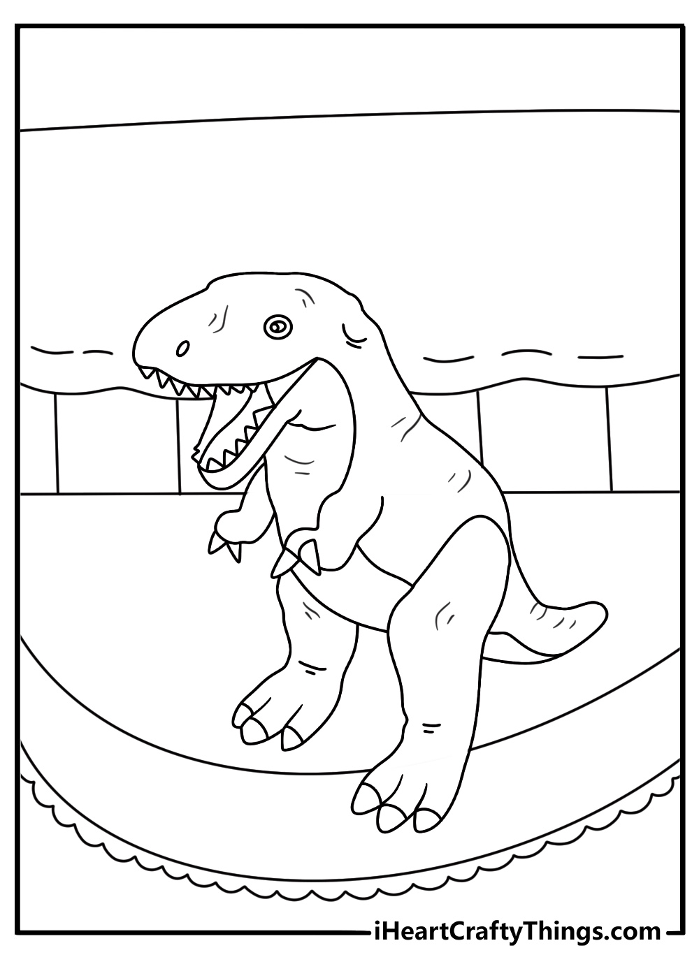 Cute toy coloring page with a stuffed dinosaur on a bedroom rug