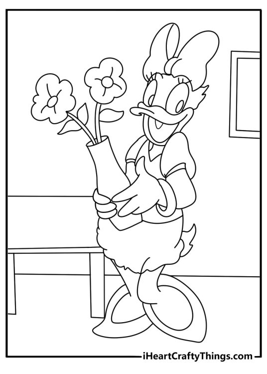 Daisy Duck arranging flowers on a table simple coloring printable pdf