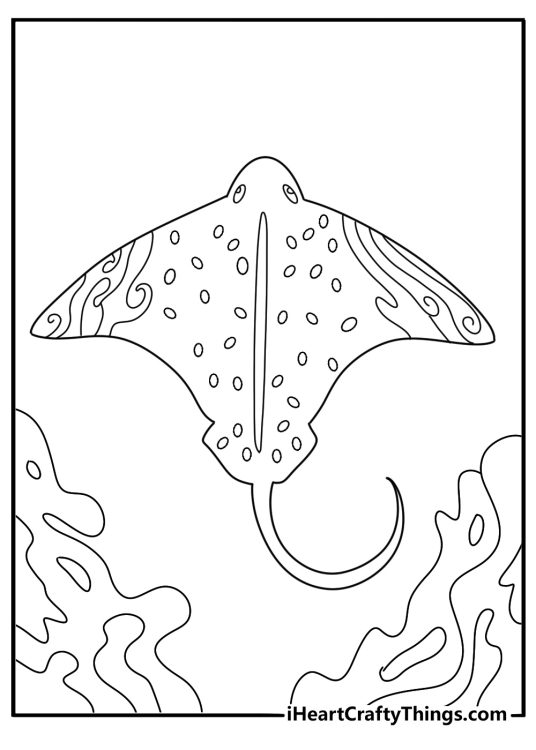 Detailed ray coloring sheet for adults with wave patterns on the fins