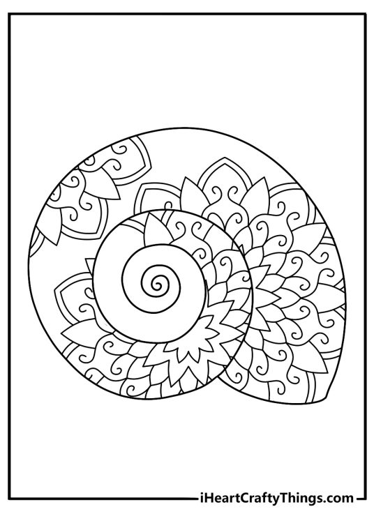 Detailed snail coloring page for adults with mandala swirls inside the shell