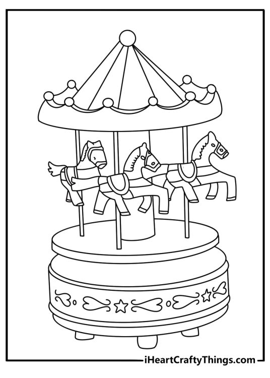 Detailed toy coloring sheet for adults with a vintage toy carousel
