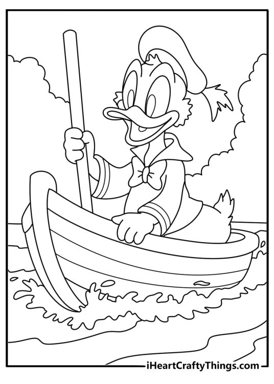 Donald Duck sailing a small boat on a windy lake easy coloring page download