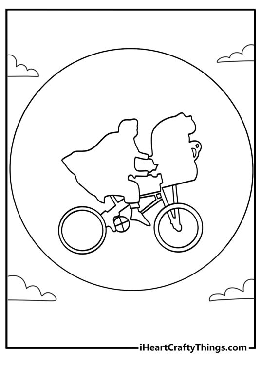 ET the Extra Terrestrial bike silhouette across full moon printable coloring page