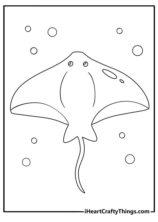 Easy sea animal coloring page with a ray and tiny bubbles