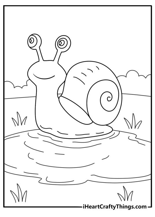 Easy snail coloring page with a snail beside a small puddle
