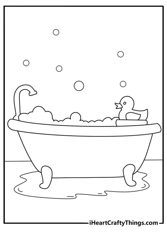 Easy toy coloring page with a rubber duck floating in a bath