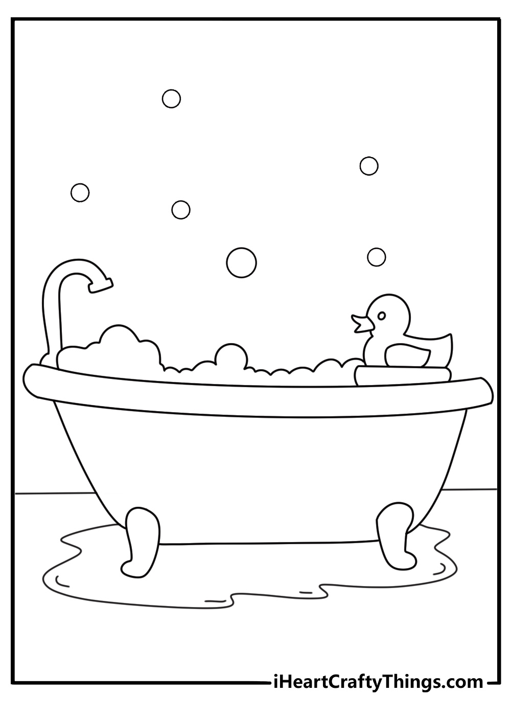Easy toy coloring page with a rubber duck floating in a bath