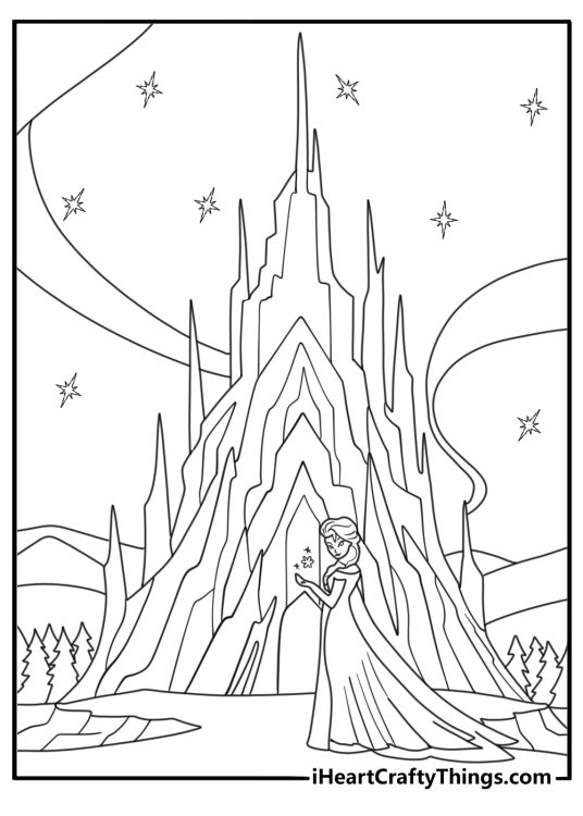 Elsa forming ice crystals around a tall castle winter coloring sheet for adults