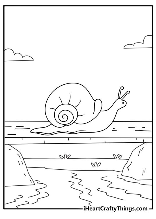 Free Snail coloring pages coloring page with a snail crossing a wooden plank