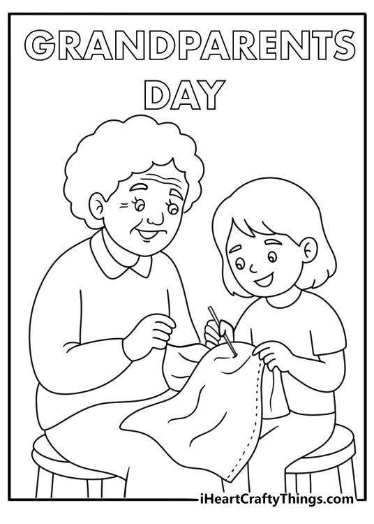 Free family printable featuring grandma teaching a grandchild to sew