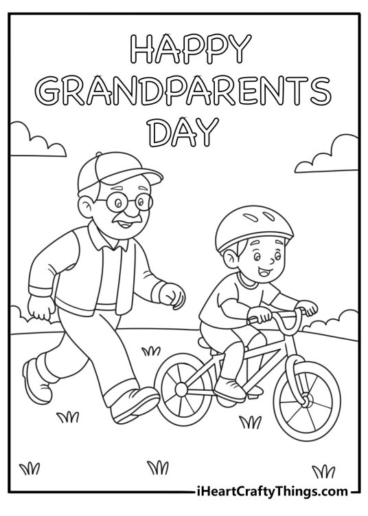 Free printable for kids showing grandpa teaching a child to ride a bicycle