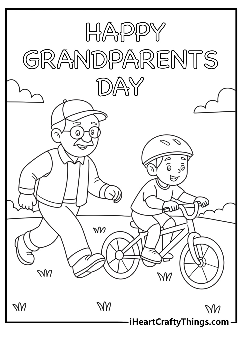 Free printable for kids showing grandpa teaching a child to ride a bicycle