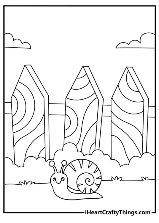 Free printable snail coloring sheet with a snail near a tiny garden gate
