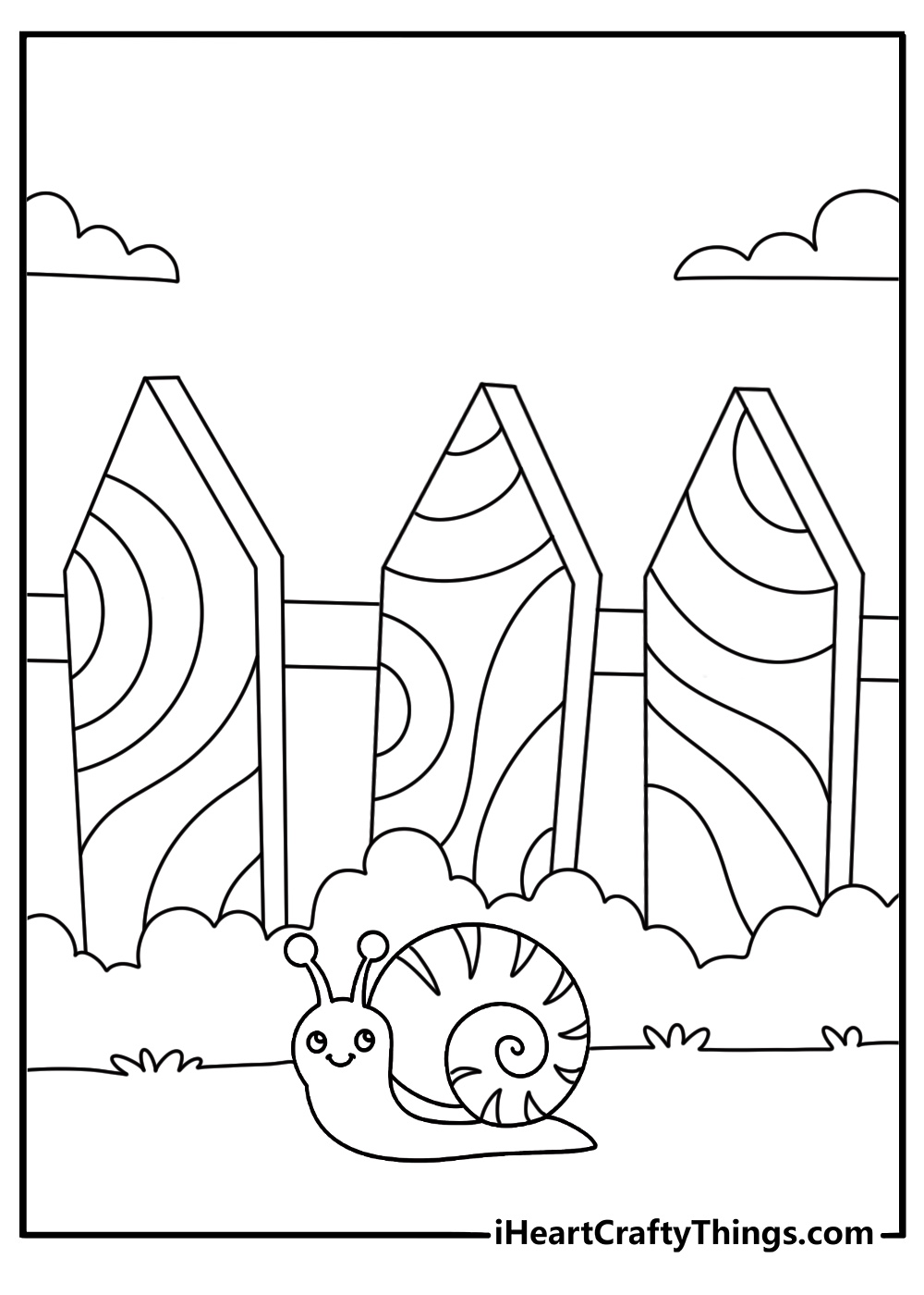 Free printable snail coloring sheet with a snail near a tiny garden gate