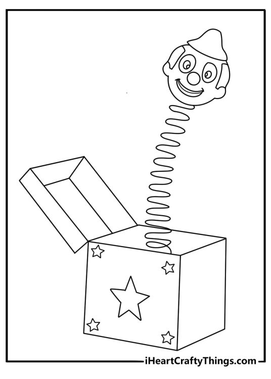 Free printable toy coloring sheet with a jack in the box popping open