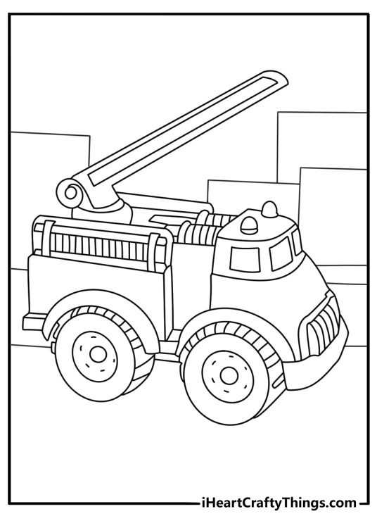 Free toy coloring page with a toy fire truck parked near blocks