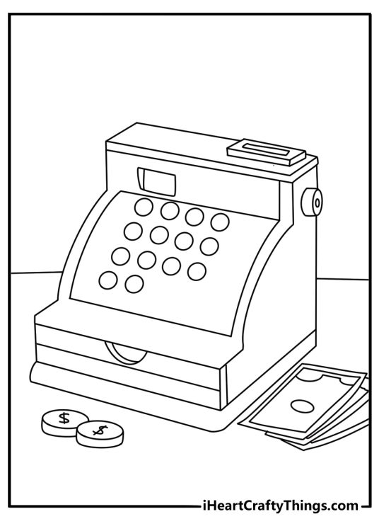 Free toy printable with a toy cash register and play money