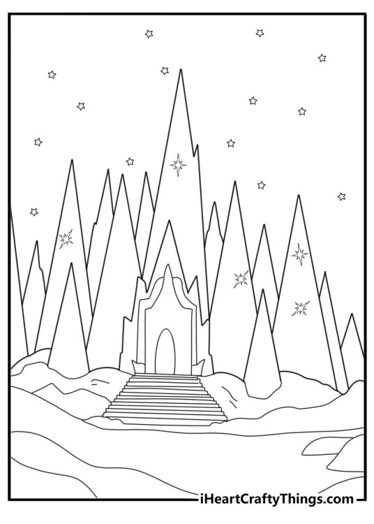 Frozen ice castle on snowy mountain simple coloring sheet for kids