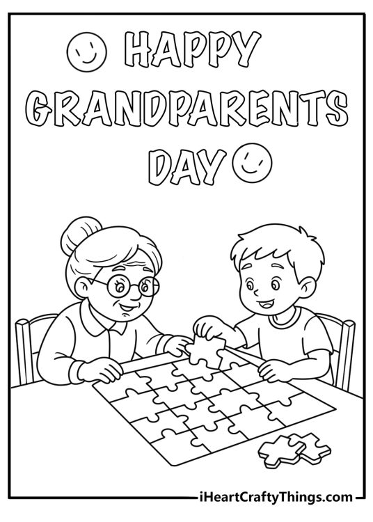 Grandma and grandchild make a puzzle together in this easy coloring page