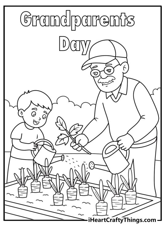 Grandparent Day coloring page showing a child helping grandpa water vegetables