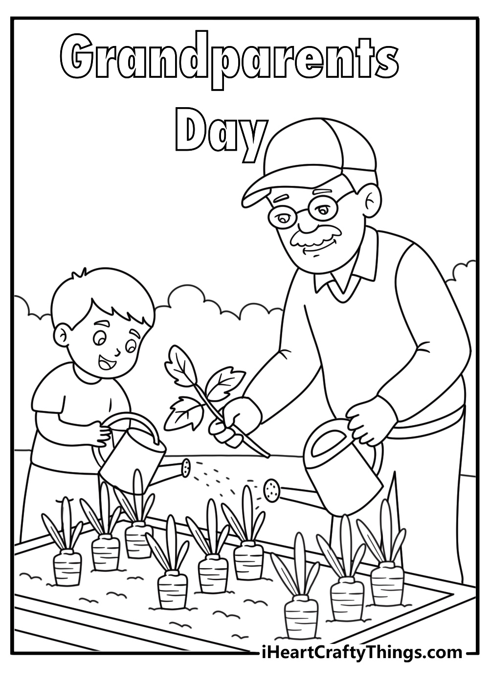 Grandparent Day coloring page showing a child helping grandpa water vegetables