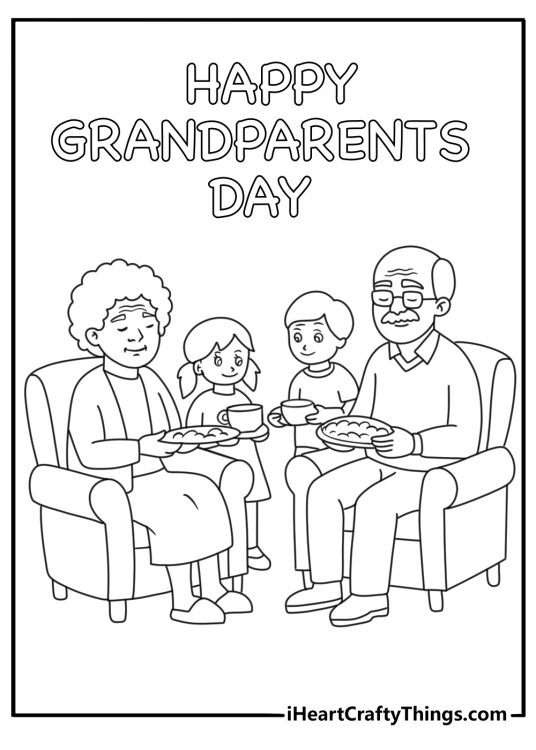 Grandparents Day coloring pages scene featuring children serving tea to grandma and grandpa