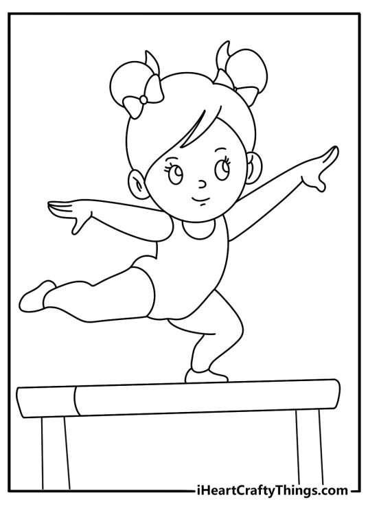 Gymnast on balance beam inside gym kawaii coloring page for kids PDF