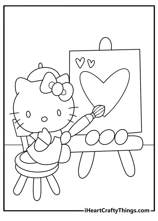 Hello Kitty painting a heart on a canvas kawaii coloring page printable