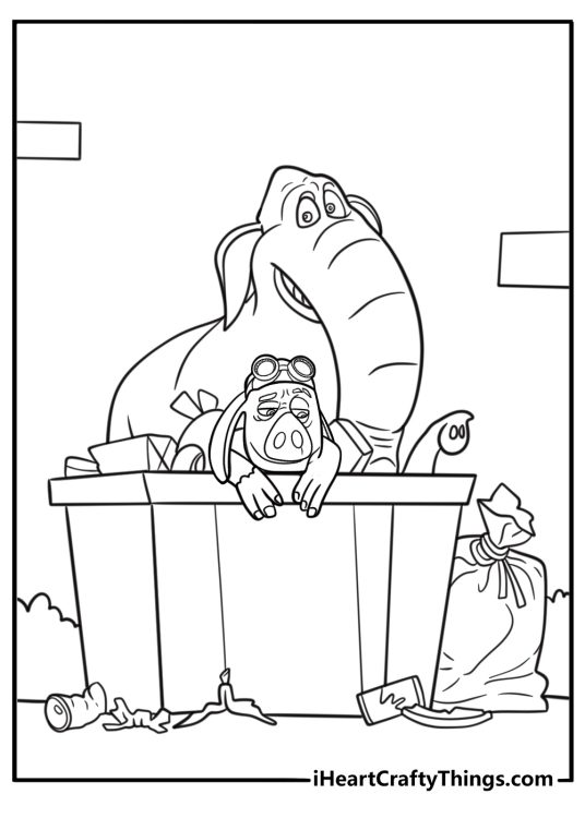 Hitpig and Pickles the piglet hiding in a dumpster fun coloring page