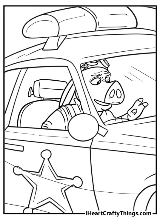 Hitpig inside a police hovercar on patrol detailed coloring sheet