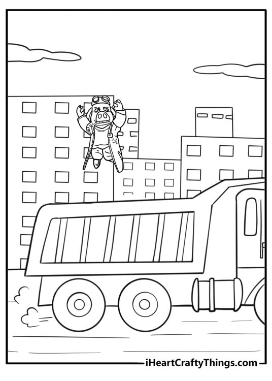 Hitpig jumping onto a moving truck during a chase free coloring page PDF