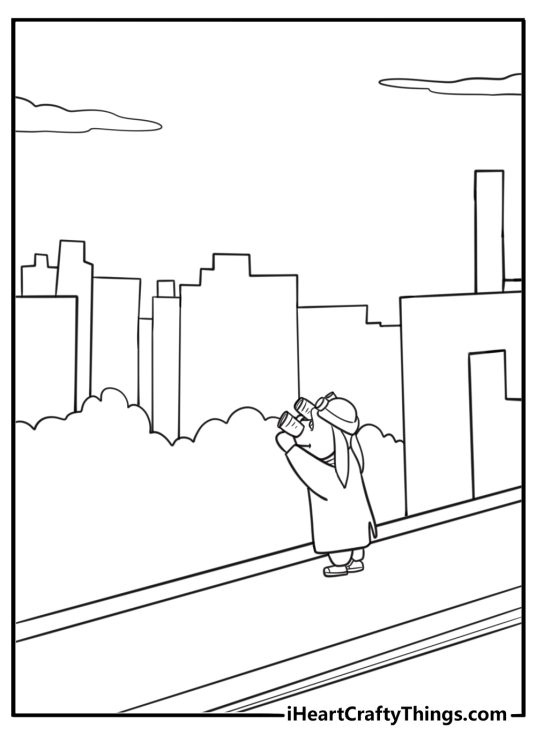 Hitpig looking through binoculars on a rooftop coloring page for kids