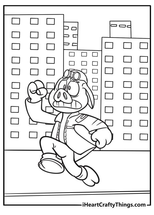 Hitpig running through a neon city street at night coloring sheet