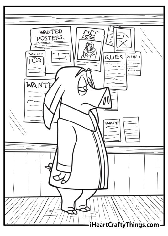 Hitpig standing in front of a digital bounty board free printable page