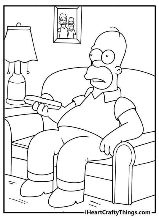 Homer Simpson on the couch with a remote retro cartoon coloring sheet